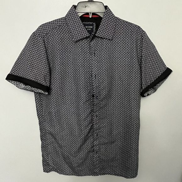 Short Sleeve Button Mens Shirt Silky Silver Stone Cool Design Large New W/O Tags - Picture 1 of 8